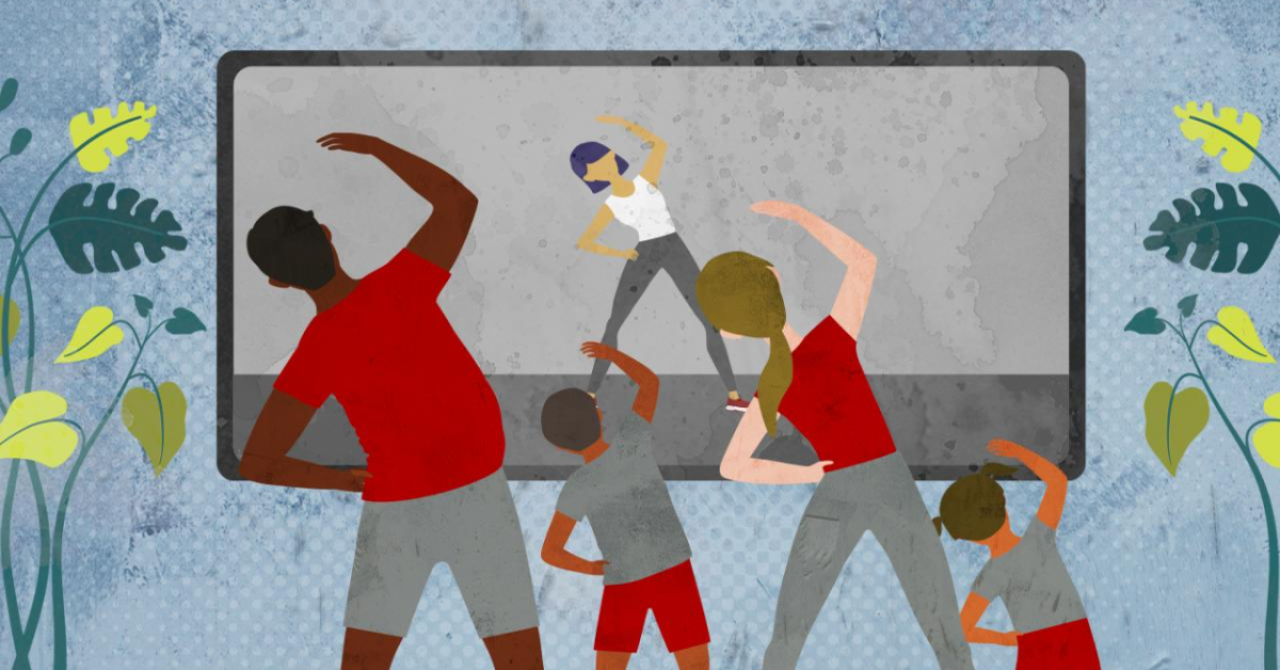 family exercising in virtual class